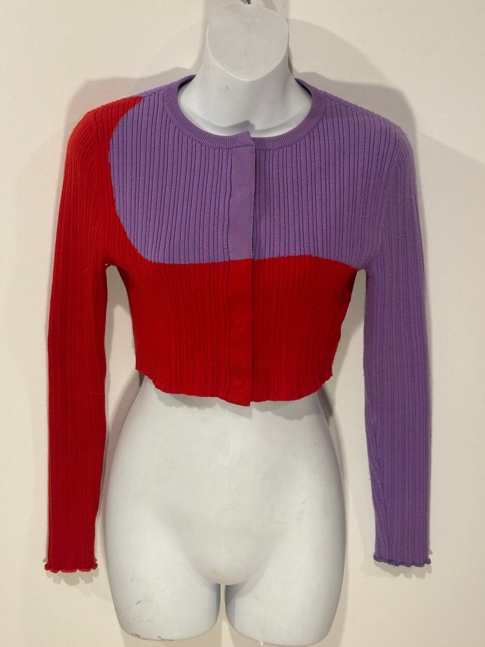 Victor Glemaud Colorblock Ribbed Knit Cropped Cardigan Sweater Purple Red Sz Sm